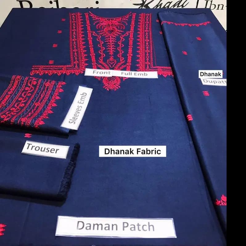 3 Pcs Women's Unstiched Dhanak Embroidered Suit