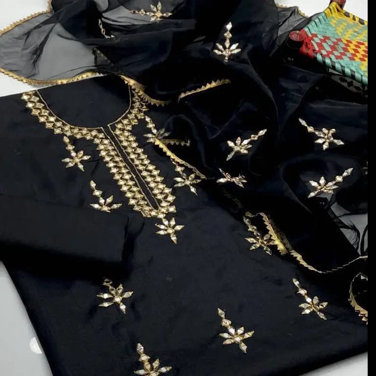 3 Pcs Women's Unstiched Katan Silk Embroidered Suit