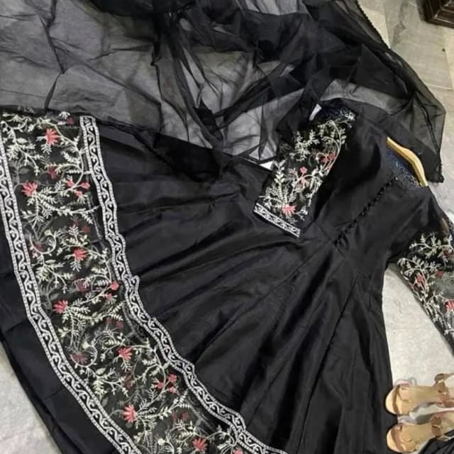3 Pcs Women's Stiched Katan Silk Embroided Maxi