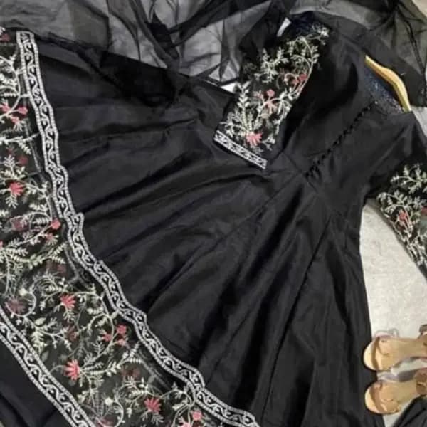 3 Pcs Women's Stiched Katan Silk Embroided Maxi