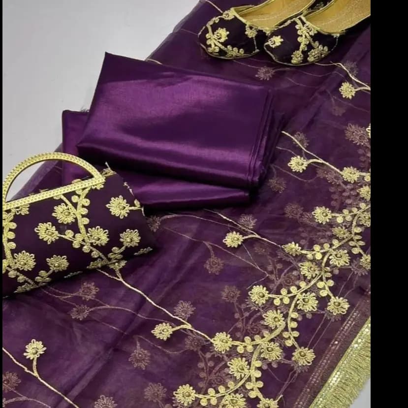 3 Pcs Women's Unstiched Fancy Katan Silk Plain Suit With Khussa