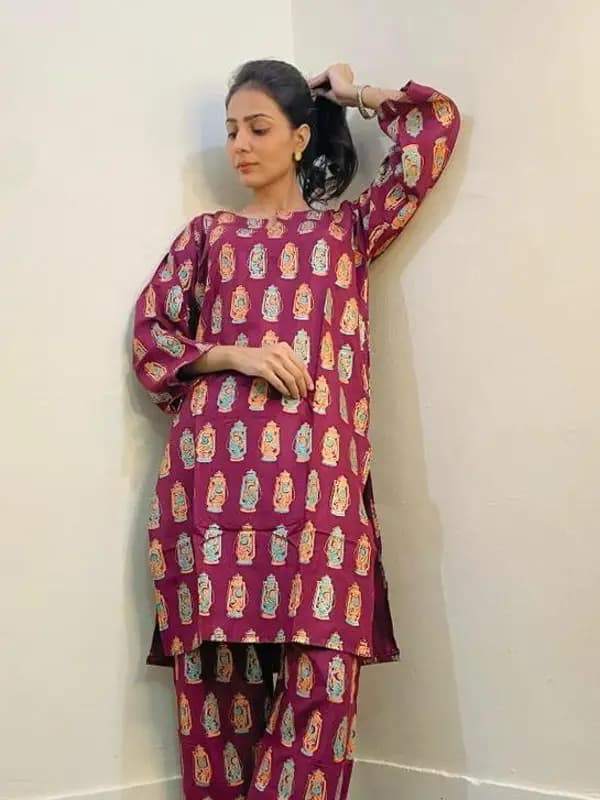 2pcs womens stitched linen printed suit