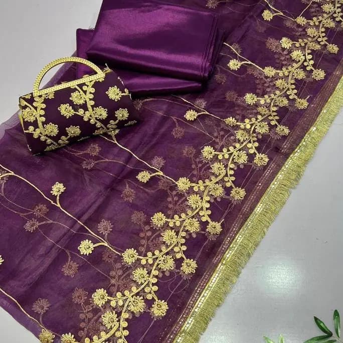 3 Pcs Women's Unstiched Fancy Katan Silk Plain Suit With Khussa